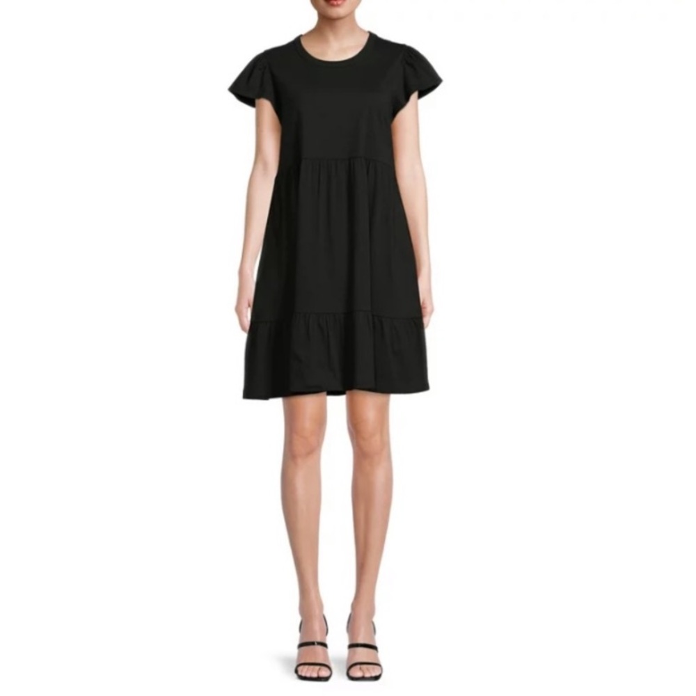 100% Cotton Tiered Knit Babydoll Short Sleeve A-Line Dress Pockets Medium
